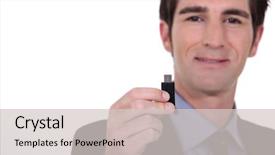 Presentation with memory storage devices - Slide deck having pendrive - man holding usb memory stick background and a light gray colored foreground