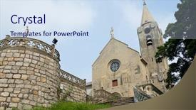  Presentation with city church - PPT layouts having penha church in macao city background and a sky blue colored foreground