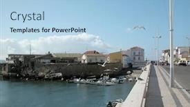  Presentation with city buildings - PPT layouts having peniche city in portugal old buildings gulls and boats in the river background and a light blue colored foreground
