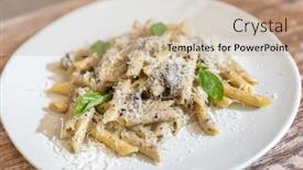  Presentation with penne pasta - Audience pleasing theme consisting of penne carbonara pasta with mussel seafood backdrop and a soft green colored foreground