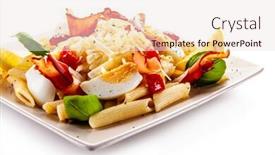  Presentation with penne pasta - Cool new slides with penne-pasta-with-cheese-bacon backdrop and a sky blue colored foreground