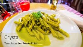  Presentation with penne pasta - Colorful presentation design enhanced with penne-pasta-with-pesto-sauce backdrop and a yellow colored foreground