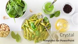  Presentation with penne pasta - Presentation theme consisting of penne-pasta-with-spinach-basil background and a yellow colored foreground
