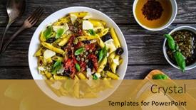  Presentation with italian food cooking tomatoes basil - Audience pleasing PPT theme consisting of penne-with-basil-pesto-parmesan backdrop and a gold colored foreground
