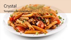  Presentation with dairy produce meat vegetables - Presentation theme enhanced with penne with meat tomato sauce background and a yellow colored foreground