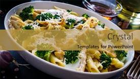  Presentation with meat - Presentation design with penne-with-roast-chicken-meat background and a gold colored foreground