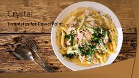  Presentation with nuggets - Presentation consisting of penne-with-roasted-salmon-nuggets background and a coral colored foreground