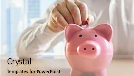  Presentation with piggy bank - PPT theme consisting of penny - man putting a coin background and a soft green colored foreground