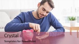  Presentation with piggy bank - PPT theme with penny - young man putting coins background and a coral colored foreground