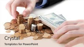  Presentation with us coins - PPT theme featuring penny stock - businessman hand put coins isolated background and a coral colored foreground