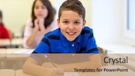  Presentation with elementary school - PPT theme having pens and notebooks writing test background and a coral colored foreground