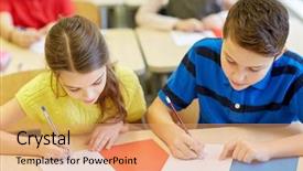  Presentation with elementary school - Theme with pens and notebooks writing test background and a coral colored foreground