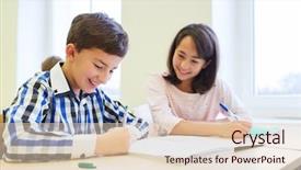  Presentation with elementary school - Theme with pens and notebooks writing test background and a lemonade colored foreground