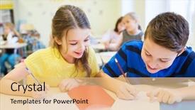  Presentation with elementary school - PPT layouts consisting of pens and notebooks writing background and a coral colored foreground