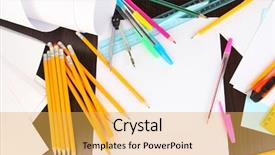  Presentation with workplace - Slide deck having pens pencils - workplace of designer close-up background and a yellow colored foreground