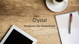  Presentation with digital pen - Audience pleasing PPT theme consisting of pens pencils - workplace with blank digital tablet backdrop and a coral colored foreground