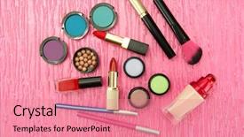  Presentation with cosmetics - Colorful presentation design enhanced with pensils - decorative cosmetics on pink background backdrop and a  colored foreground