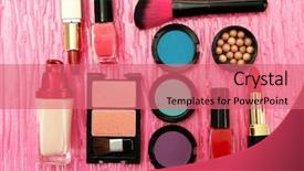  Presentation with cosmetics - Beautiful PPT theme featuring pensils - decorative cosmetics on pink background backdrop and a  colored foreground