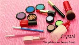  Presentation with cosmetics - PPT theme having pensils - decorative cosmetics on pink background background and a  colored foreground