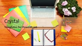  Presentation with office life - Cool new PPT theme with pensils - table with stationary objects office backdrop and a  colored foreground