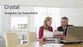  Presentation with financial - Presentation design featuring pension plan - mature woman sitting at table background and a light gray colored foreground