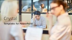  Presentation with interview - Colorful presentation enhanced with pensive applicant sitting by table in boardroom and worrying before interview with employer backdrop and a soft green colored foreground