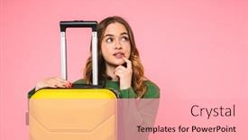  Presentation with pink green - Slides having pensive blonde woman wearing in green sweater posing with baggage and looking away over pink background background and a lemonade colored foreground