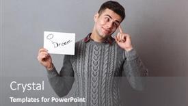  Presentation with dream - Cool new slide deck with pensive-brunette-man-in-sweater backdrop and a gray colored foreground