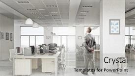  Presentation with media - Presentation theme enhanced with pensive businessman in office mixed background and a  colored foreground