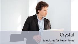  Presentation with laptop - Presentation theme consisting of pensive businessman leaning on the table with laptop computer and looking away background and a light gray colored foreground