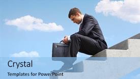  Presentation with dubai skyline on blue sky - Theme consisting of pensive businessman sitting on stair background and a light blue colored foreground