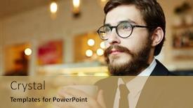  Presentation with contemplating - Slide set featuring pensive businessman with cup of tea contemplating at break in cafe background and a yellow colored foreground