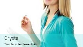  Presentation with college - Slide set featuring pensive college girl with a pen and a textbook isolated on white background and a cyan colored foreground