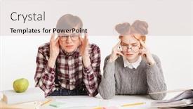  Presentation with school desk - Presentation design with pensive couple of school nerds thinking while sitting at the desk isolated over white background background and a lemonade colored foreground