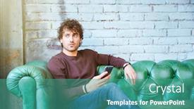  Presentation with brown leather - Cool new PPT theme with pensive curly thoughtful attractive young handsome man in brown sweetshirt and jeans sitting on green leather sofa hoding cellphone backdrop and a teal colored foreground