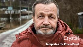  Presentation with happy sad face man - PPT theme consisting of pensive-elderly-bearded-man-face background and a tawny brown colored foreground