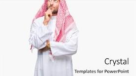  Presentation with question - Slide deck with pensive expression smiling with thoughtful background and a white colored foreground