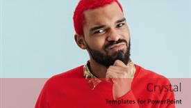  Presentation with funky - Colorful slide deck enhanced with pensive-funky-young-african-wearing backdrop and a crimson colored foreground