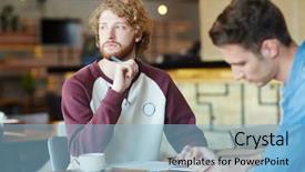  Presentation with thesis - Colorful slide set enhanced with pensive guy preparing for thesis backdrop and a light blue colored foreground