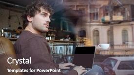  Presentation with laptop blank screen - PPT layouts enhanced with pensive-handsome-curly-young-man background and a dark gray colored foreground