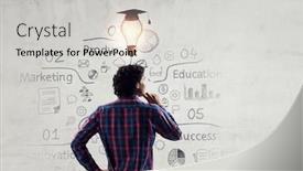  Presentation with media - Slide deck featuring pensive-hipster-guy-mixed-media background and a light gray colored foreground