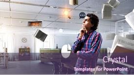  Presentation with media - PPT theme with pensive-hipster-guy-mixed-media background and a violet colored foreground