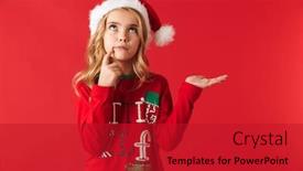  Presentation with christmas girl - Slide deck featuring pensive little girl wearing christmas costume standing isolated over red background presenting copy space background and a crimson colored foreground