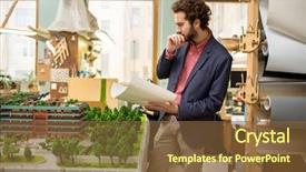  Presentation with man looking up happy - Amazing presentation having pensive man looking at unroll backdrop and a  colored foreground