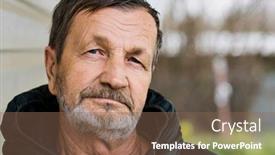  Presentation with robot elderly - Colorful presentation theme enhanced with pensive sad elderly man with a beard and mustache close-up portrait russian village backdrop and a violet colored foreground