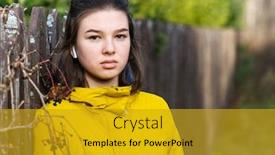  Presentation with sad girl - Audience pleasing presentation design consisting of pensive sad girl teenager close-up face portrait in the village by the fence backdrop and a gold colored foreground