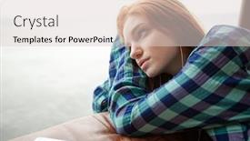  Presentation with serene - PPT theme featuring pensive serene young attractive lady with red hair listening to music and looking away background and a lemonade colored foreground