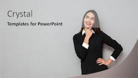  Presentation with hip - PPT theme enhanced with pensive smiling asian woman in business clothes with arm on hip looking up over gray background background and a light gray colored foreground