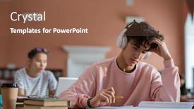  Presentation with notebook page - Audience pleasing PPT theme consisting of pensive-teenage-student-with-headphones backdrop and a tawny brown colored foreground