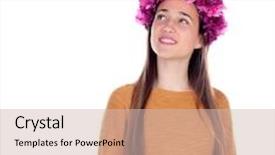 Presentation with purple flowers - Colorful theme enhanced with pensive teenager girl with purple flowers in her head isolated on a white background backdrop and a soft green colored foreground
